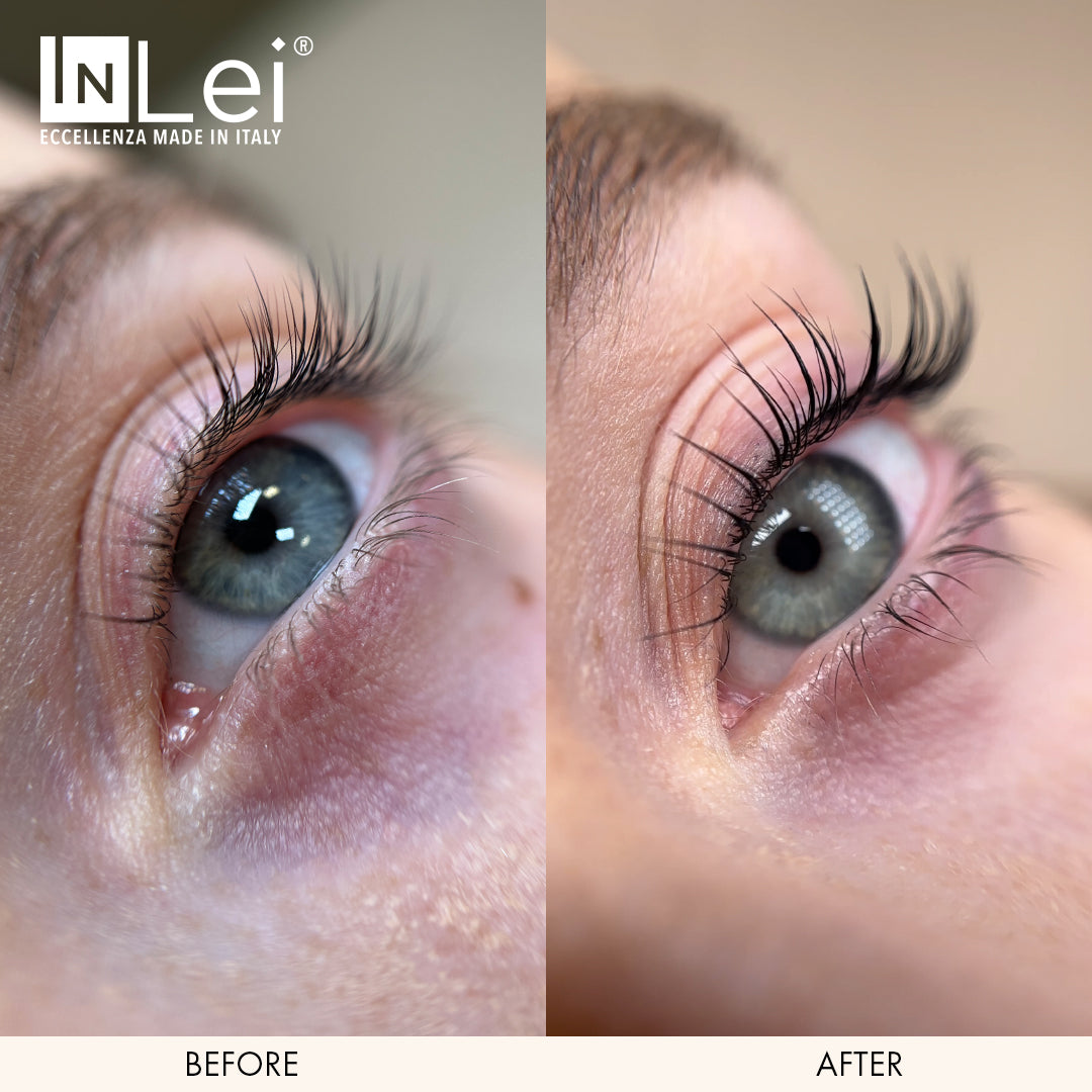 Before and after comparison of eyelash extension application on a person's eye, with IN Lei branding.