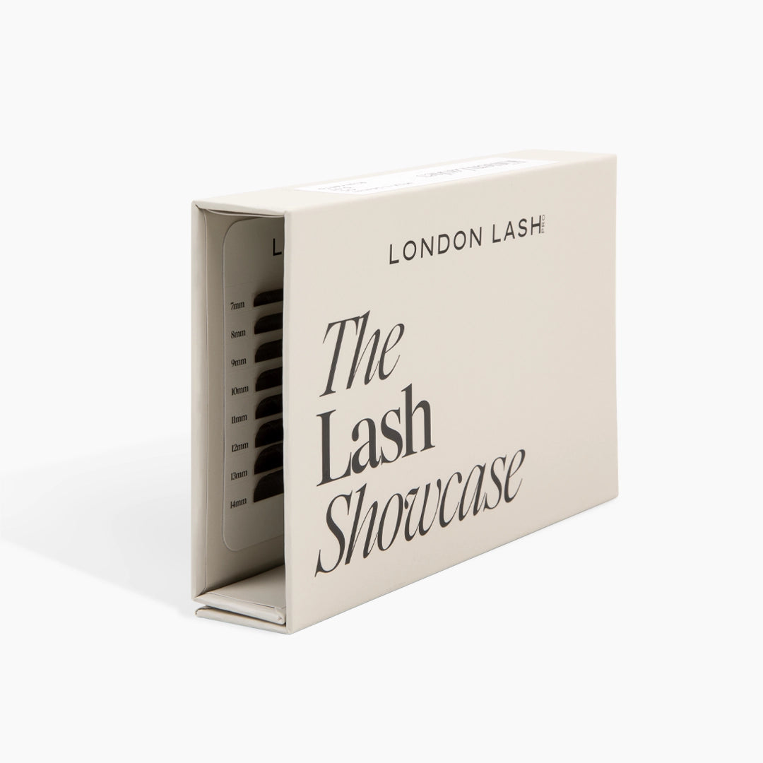 Beige lash tray packaging displaying black Kitten Lash extension strips available in lengths from 7mm to 14mm.