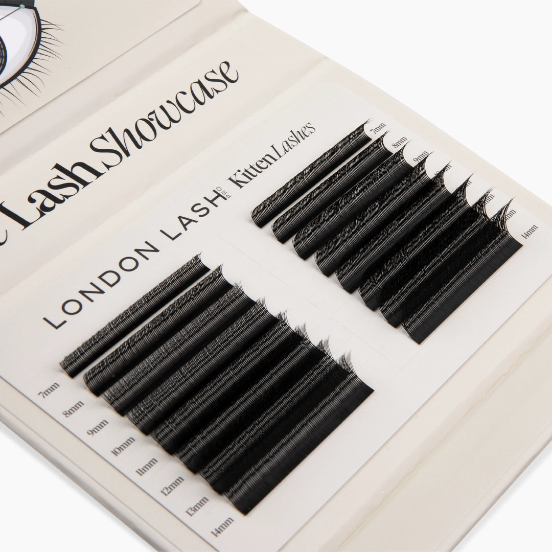 Open lash palette displaying black Kitten Lash extension strips arranged in lengths from 7mm to 14mm
