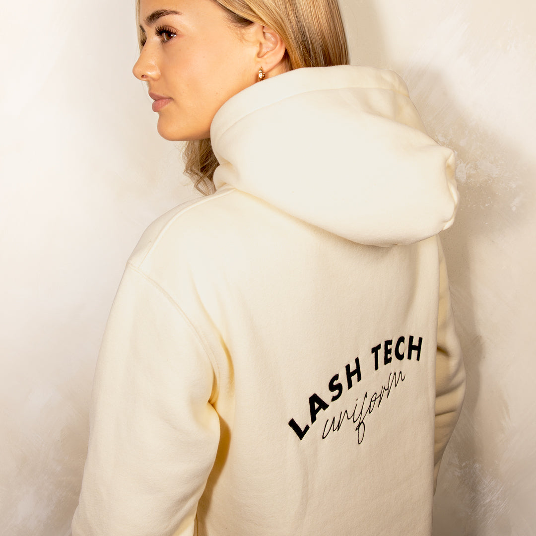 Beige Hoodie featuring a "Lash Tech Uniform" graphic